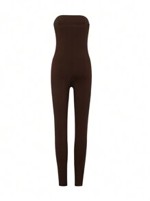 SHEIN BAE Solid Tube Unitard Jumpsuit - Coffee Brown - View 6