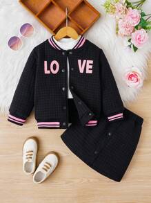 SHEIN Young Girl Letter Graphic Striped Trim Varsity Jacket & Skirt Without Tee