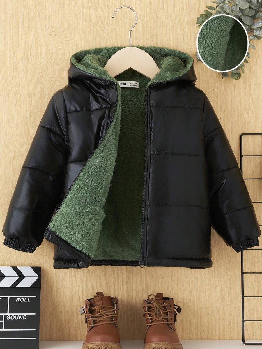 SHEIN Young Boy Zip Up Hooded Padded Coat - Black - View 1