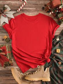 SHEIN EZwear Plus Christmas Letter Print Tee - Red - View 2