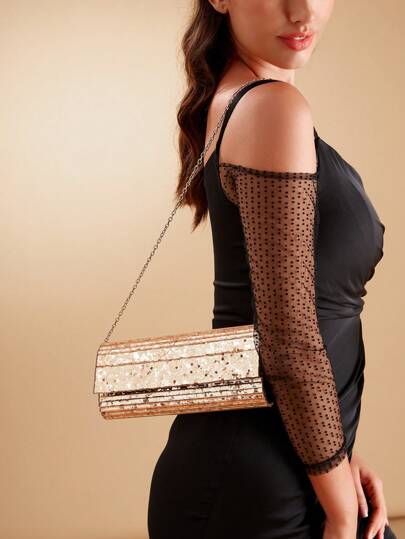 SHEIN Belle 豪華、魅力四射、優雅、精緻、時尚的女士亞克力手拿包,配有金色鏈條肩帶和磁性扣合,適合晚宴派對、女孩、女性、大學生、新娘、伴娘、賓客、派對、舞會、婚禮等場合使用