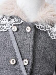 Baby Girl Fuzzy Trim Contrast Embroidery Mesh Double Breasted Overcoat & Bag - Grey - View 5