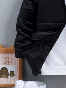 SHEIN Tween Boy 单件翻盖口袋拉链连帽夹棉大衣 - 黑色 - 查看 6