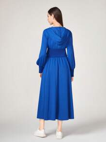 Solid Hooded Lantern Sleeve Dress - Blue - View 2