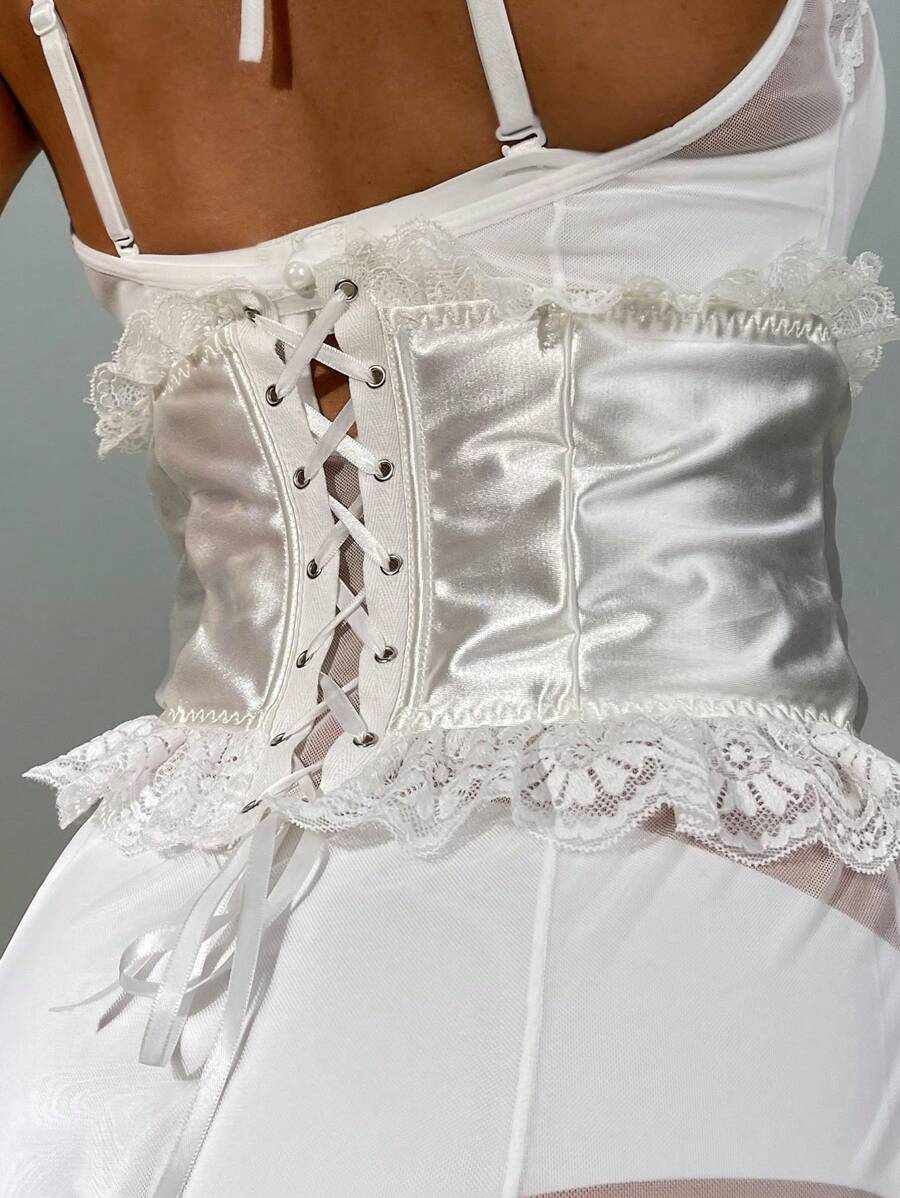 後背繫帶荷葉邊緞面塑身上衣 - 白色 - 查看 1