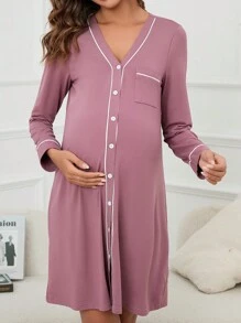 Moonlight&Mama Maternity Contrast Piping Pocket Patched Button Front Nightdress For Mother Cozy And Elegant Details, For Fall & Winter Outfit - Red Violet - View 6
