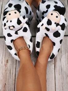 Zapatos Divertido con diseño de vaca Zapatillas con tacón para casa , cálido - Blanco y Negro - Ver 3