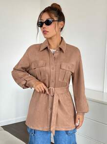 SHEIN EZwear 有蓋口袋落肩束帶大衣 - 駝色 - 查看 5