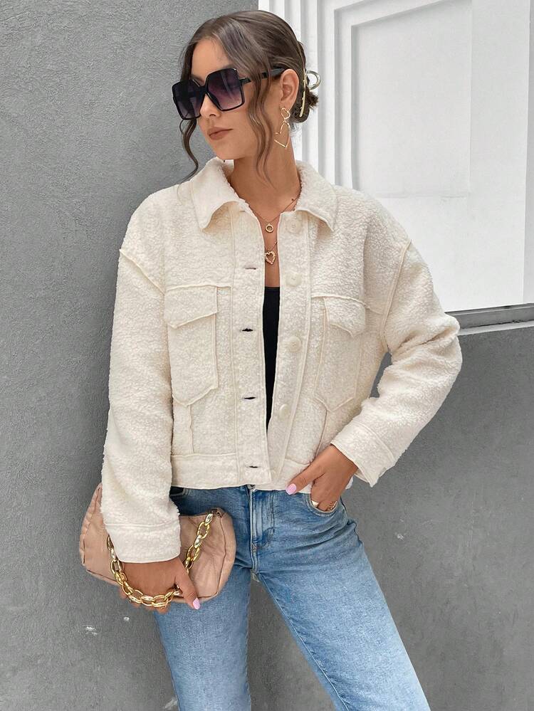 Flap Pocket Drop Shoulder Teddy Jacket