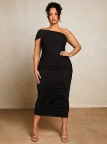 SHEIN BAE Talla grande Vestido ajustado de un hombro fruncido de malla