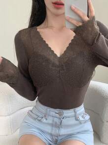 DAZY Contrast Lace Scallop Trim Ribbed Knit Top Pajama