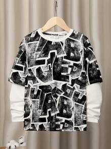 SHEIN 男大童字母圖形 2 合 1T恤 - 白色 - 查看 1