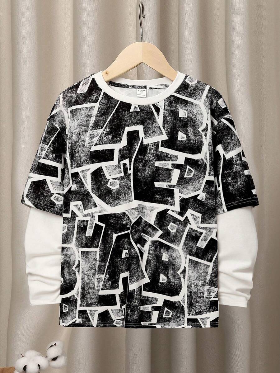 SHEIN 男大童字母圖形 2 合 1T恤 - 白色 - 查看 1