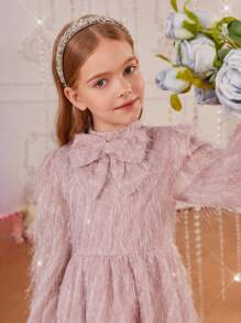 SHEIN Tween Girl Bow Front Lantern Sleeve Fuzzy Dress - Pink - View 2