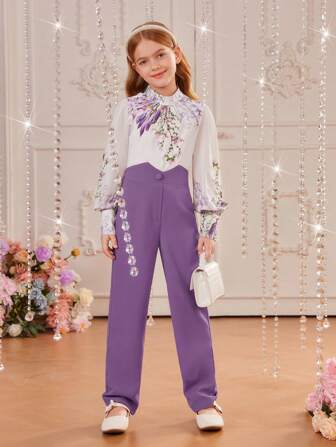 SHEIN Teenager Mädchen Bluse und Hose mit Blumendruck und Laternenärmeln