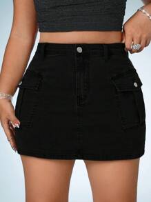 SHEIN ICON Plus Flap Pocket Denim Skirt - Black - View 4