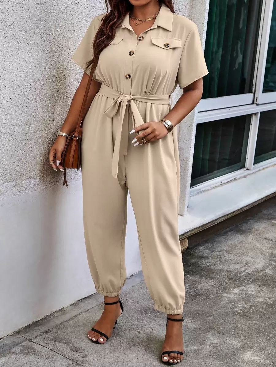 Calvaya Plus Flap Detail Belted Shirt Jumpsuit - Apricot - View 1