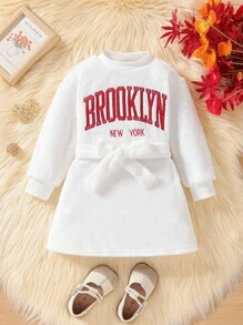 SHEIN Young Girl Casual Embroidered Letter Pattern Flannel Belted Long Sleeve Thickened Sweatshirt Dress, Suitable For Vacation & Back To School, Autumn - White - View 1