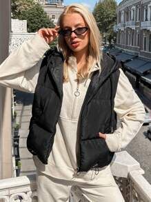 EURMUSE Women's Solid Color Minimalist Hooded Sleeveless Padded Coat, Casual Everyday Wear - Black - View 1