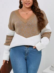 SHEIN LUNE 大碼撞色落肩袖套頭毛衣 - 彩色 - 查看 4