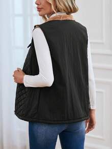 EMERY ROSE Zip Up Teddy Lined Vest Quilted Coat - Black - View 2