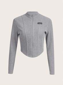 SHEIN EZwear 字母補丁細節拉鏈開襟短夾克 - 灰色 - 查看 1