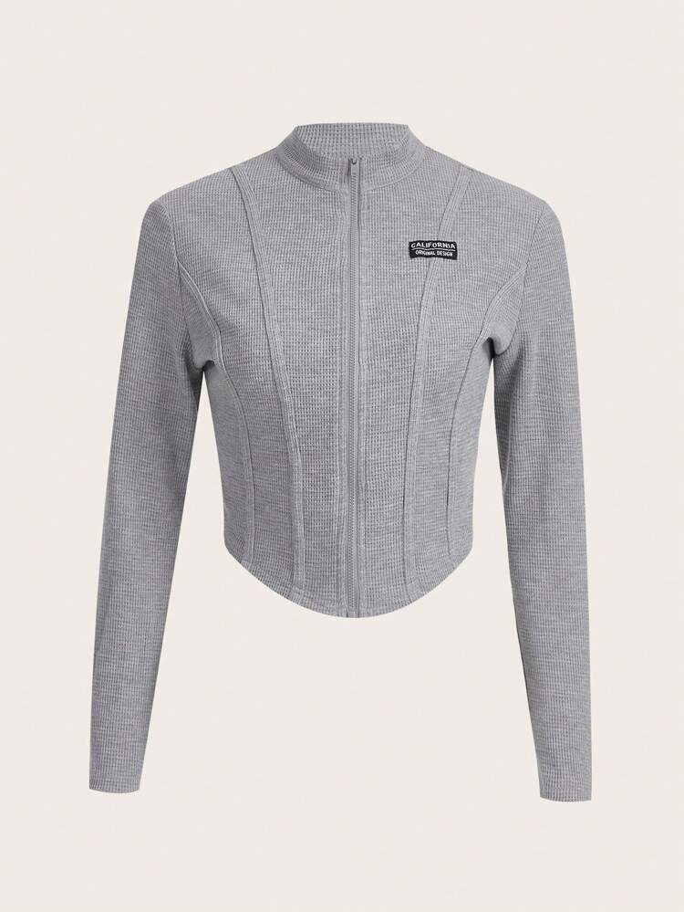 Plus Letter Patched Detail Zip Up Asymmetrical Hem Jacket