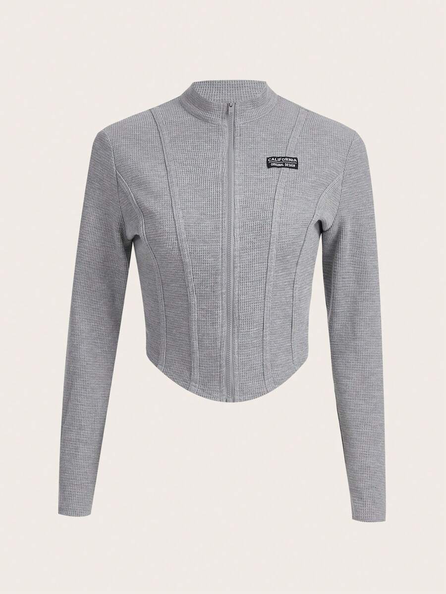 SHEIN EZwear 字母補丁細節拉鏈開襟短夾克 - 灰色 - 查看 1