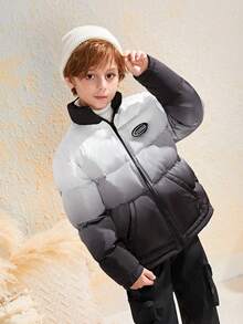 SHEIN Tween Boy 字母补丁渐变色拉链衬垫大衣 - 黑與白 - 查看 6