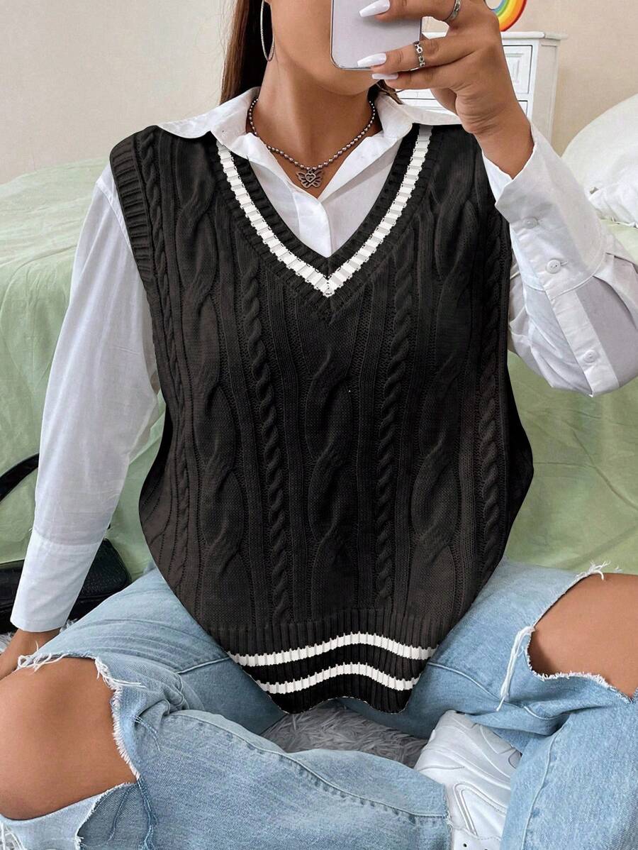 Sweetra Plus Striped Trim Cable Knit Sweater Vest Without Blouse Winter Fall Autumn