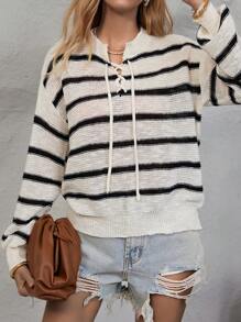 SHEIN LUNE Mẫu sọc Thả vai Lace lên phía trước Áo len - Đen và trắng - Xem 3