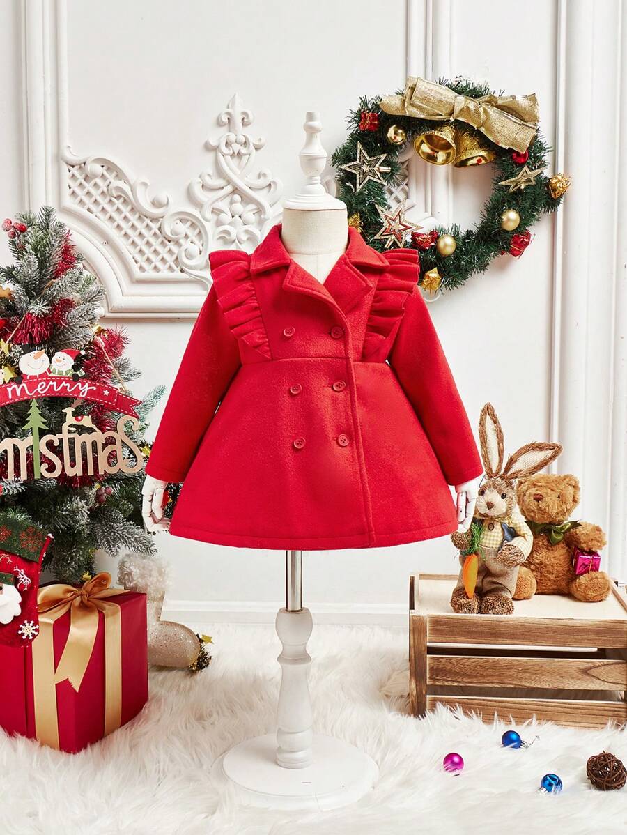 SHEIN Baby Girl Ruffle Trim Double Breasted Coat - Red - View 1