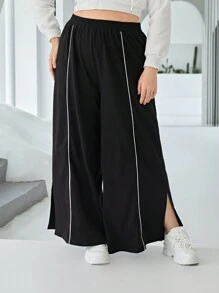 SHEIN Essnce 大碼拼接滾邊闊腿褲 - 黑色 - 查看 3