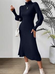 Chiquease Turtleneck Lantern Sleeve Sweater Dress - Navy Blue - View 4