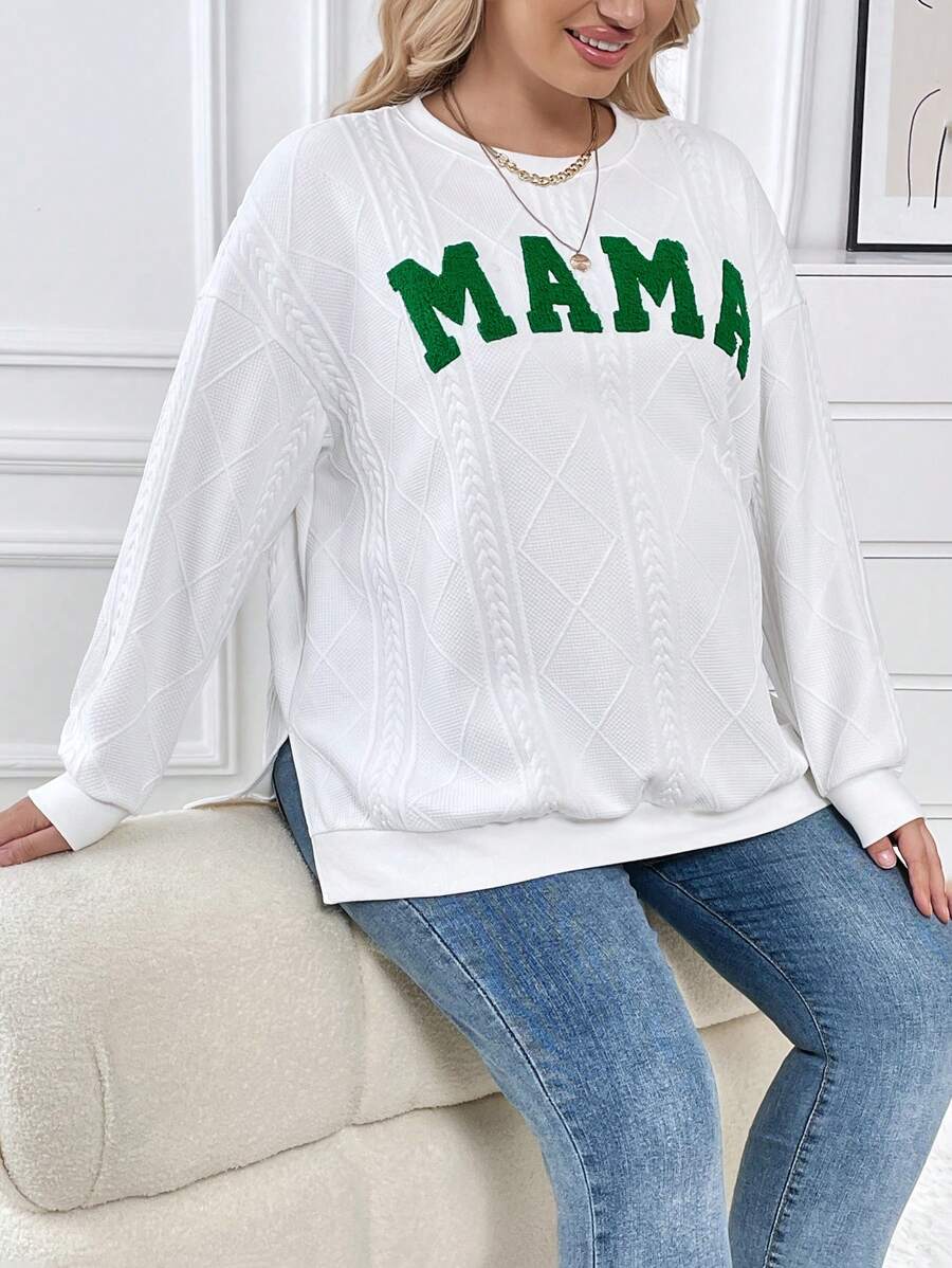 SHEIN 孕婦大碼字母圖案落肩袖下擺開叉運動衫 - 白色 - 查看 1