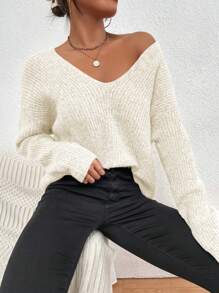 SHEIN LUNE V Neck Drop Shoulder Ribbed Knit Sweater,Long Sleeve Tops Knit Pullover Fall Winter Sweater - Beige - View 4