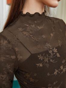 BizChic Mock Neck Lettuce Trim Top Without Bra - Khaki - View 5