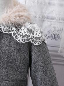 Baby Girl Fuzzy Trim Contrast Embroidery Mesh Double Breasted Overcoat & Bag - Grey - View 6
