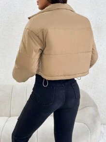 SHEIN PETITE Áo khoác đệm vai thả khóa kéo viền rút - màu nâu - Xem 2