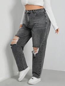 SHEIN EZwear 高腰破洞直筒男友风牛仔裤 - 淺灰色 - 查看 4