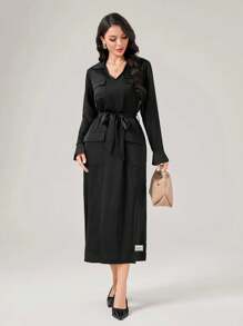 Seusyu Flap Pocket Belted Shirt Dress - Black - View 7