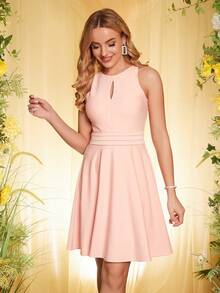 ANGEL FASHIONS Chất rắn Đường viền lỗ khóa Váy Dây - Hồng - Xem 5