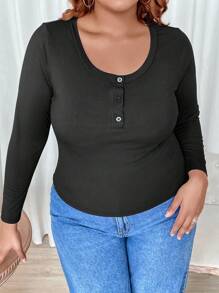 SHEIN CURVE+ Plus Button Front Ribbed Knit Tee - Black - View 1