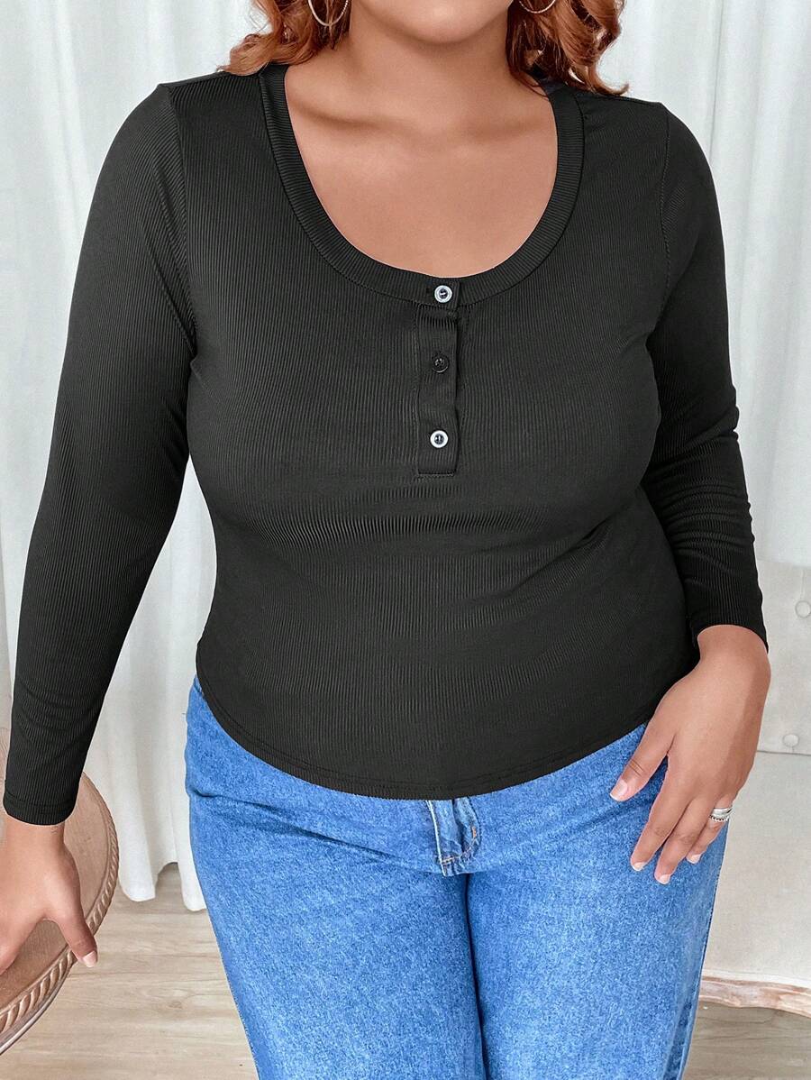SHEIN CURVE+ Plus Button Front Ribbed Knit Tee - Black - View 1