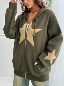 Comfortcana 星星贴片落肩抽绳拉链连帽衫，长袖上衣 - 軍綠色 - 查看 6