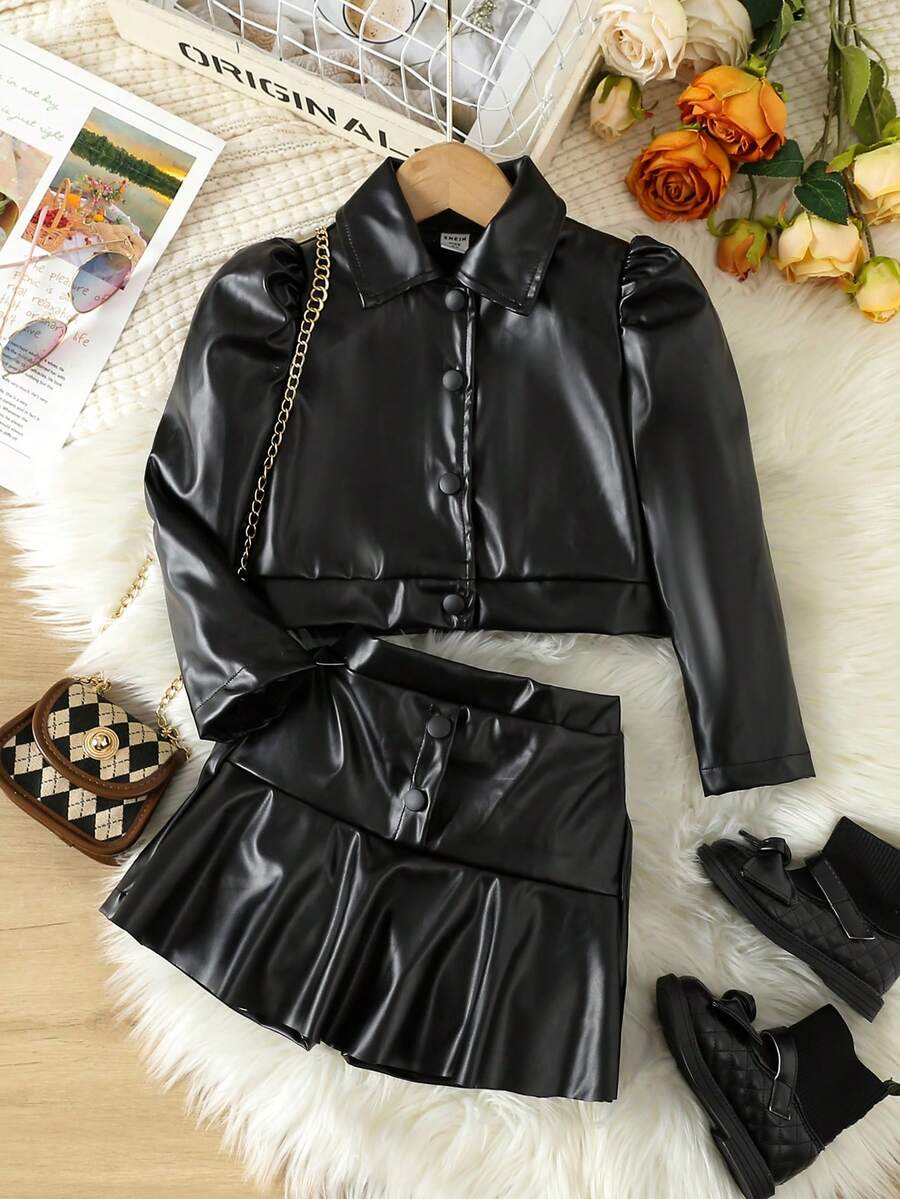 SHEIN 女小童泡泡袖PU皮革夾克和百褶半身裙 - 黑色 - 查看 1
