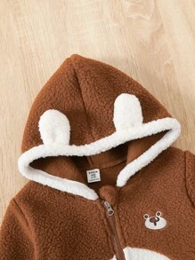 Baby Girl Two Tone 3D Ear Design Hooded Fleece Coat - Multicolor - View 3