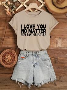 SHEIN EZwear Camiseta con estampado de slogan - Caqui - Ver 1