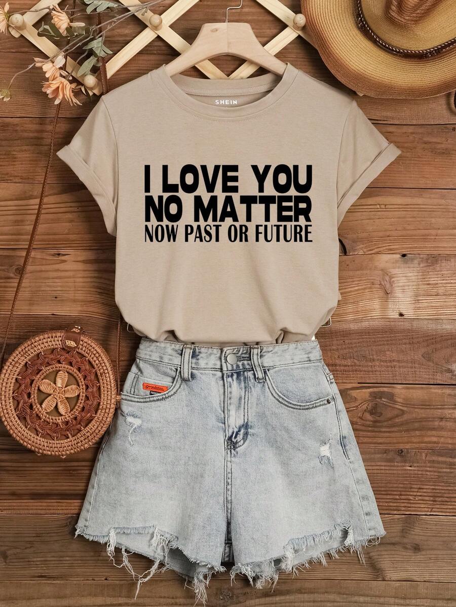 SHEIN EZwear Camiseta con estampado de slogan - Caqui - Ver 1