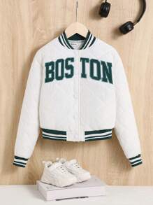SHEIN Tween Girl Letter Patched Striped Trim Quilted Varsity Jacket - White - View 1